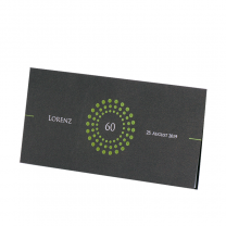 Einladungskarten "Jubiläum" aus anthrazitfarbenem Metallickarton mit edler Grünfolienprägung & persönlicher Silberfolienprägung