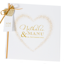 Herzliche Hochzeitseinladung "Glamourös" mit edler Goldfolienprägung, extravaganter Glitzerherz-Applikation an einer zarten Zierschleife