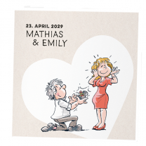 Lustige Hochzeitseinladungen mit fröhlich-romantischem Comicmotiv
