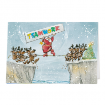 Lustige Weihnachtskarten "Teamwork" im fröhlichen Comic-Design
