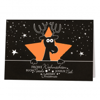 Lustige moderne Weihnachtskarten aus trendigem schwarzen Premiumkarton mit raffinierter Stanzung, festlicher Silberfolienprägung und internationalen Weihnachtswünschen