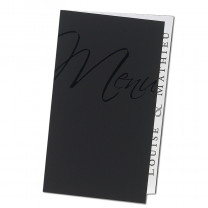Schwarze Menükarte "Edel" mit effektvoller Schwarzfolienprägung und verkürzter Titelseite, die den Blick auf Ihre Namen freigibt