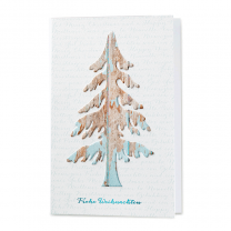 Weihnachtskarten "Landlust" aus hochwertigem Aquarellkarton mit Tannenbaum als Relief in Holzoptik im Vintage-Stil und glänzender Folienprägung in Türkis