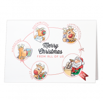 Xmas Cards mit lustigen Weihnachtsmotiven und englischsprachigen Weihnachtswünschen vom Team Marketing, Versand, Kommunikation und Vertrieb