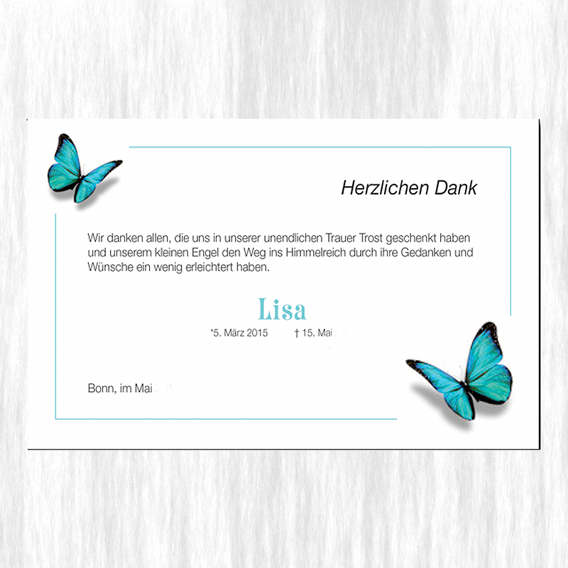 10 Trauer-Danksagungskarten Trauer-karten Umschlag Motiv Schmetterling blau 