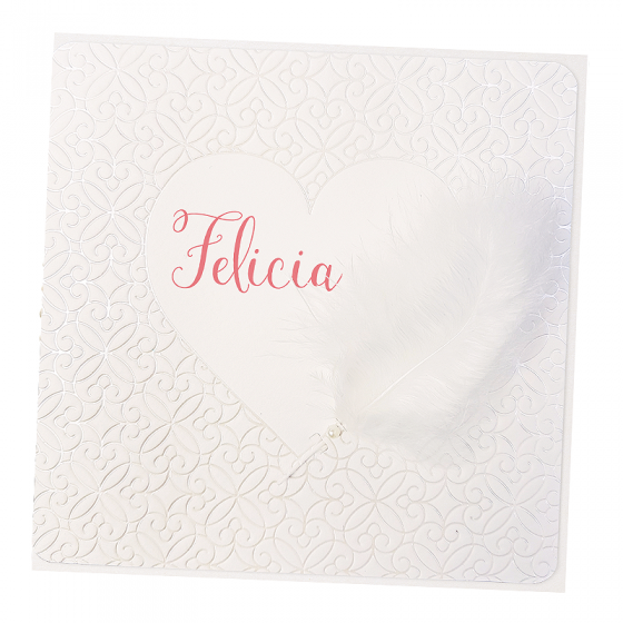Babykarten "Feder" mit hübscher Folienprägung, weißer Federt & Perlenapplikation