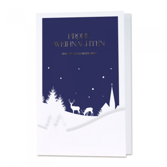 Blaue Weihnachtskarten "Winterlandschaft" mit edler Goldfolienprägungim eleganten Design.