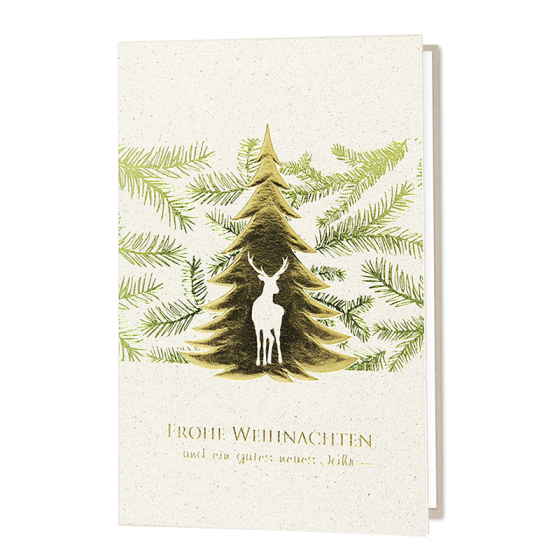 Edle Weihnachtskarten "Hirsch" mir Gold- und Grünfolienprägung