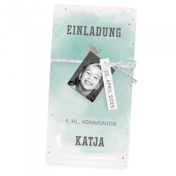 Einladungskarten "Katja" für die  Kommunion mit edler Silberfolienprägung