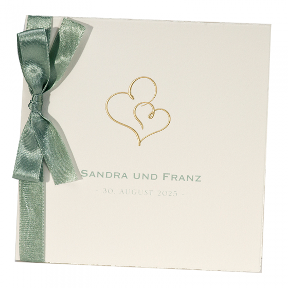 Hochzeitseinladung "Büttenkarton" mit glänzender Goldfolienprägung und edler Satinschleife