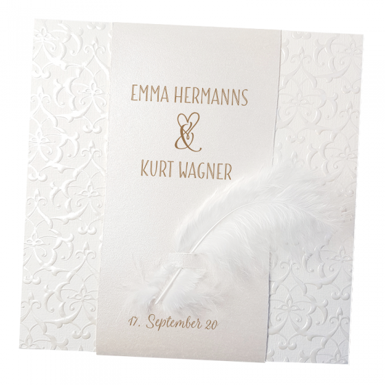 Hochzeitseinladungen "Feder" aus luxuriösem Materialmix mit eleganter Veredelung und echter Feder