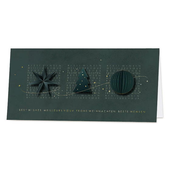 Internationale Weihnachtskarten mit edler Silberfolienprägung und weihnachtlicher Formstanzung