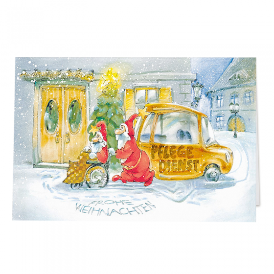 Lustige Weihnachtskarten "Pflegedienst" im fröhlichen Comic-Design