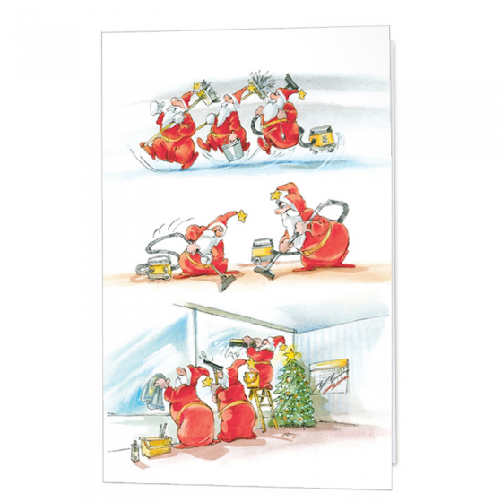 Lustige Weihnachtskarten "Reinigungsdienst" im fröhlichen Comicdesign