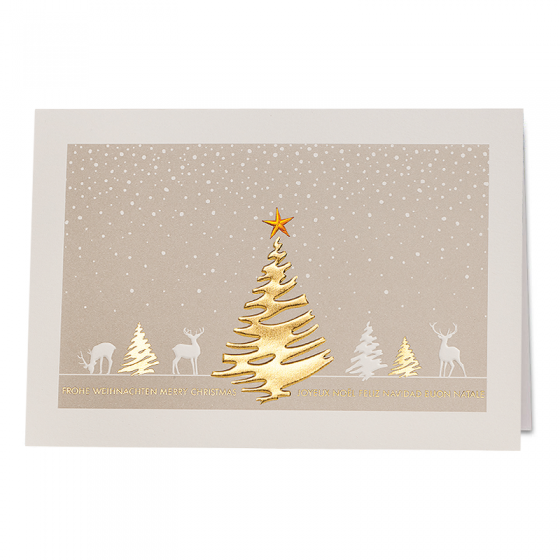Moderne Weihnachtskarte "Goldener Weihnachtsbaum" mit herrlicher Gold-, Kupfer- und Reliefprägungen und internationalen Weihnachtswünschen