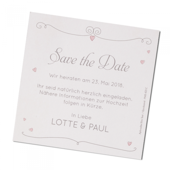 Moderne Save-the-date-Karte "Brautpaar" aus schimmerndem Metallickarton mit romantisch-verspielten Motiven