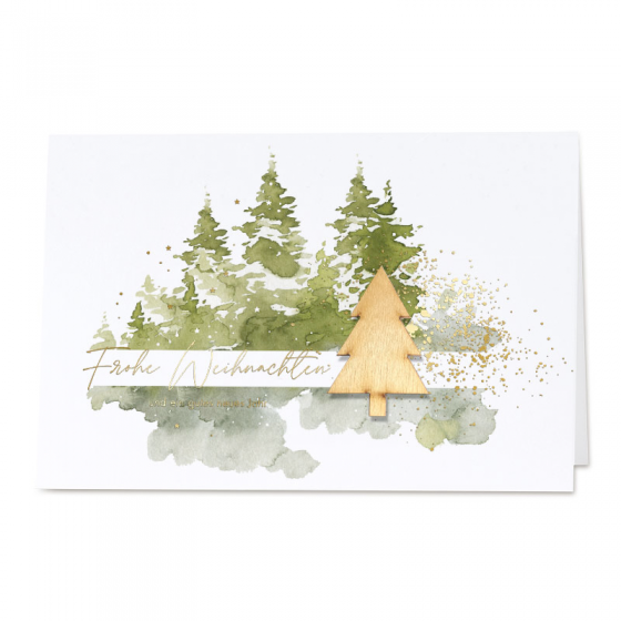 Moderne Weihnachtskarten mit Holz-Applikation als Spendenkarte bestellen
