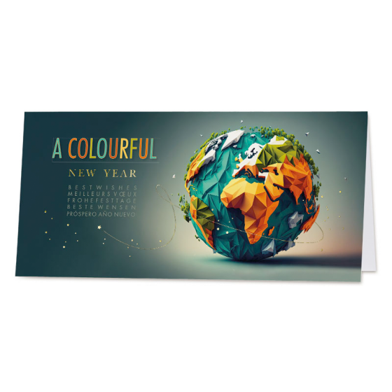 Farbenfrohe Neujahrskarten "Weltkarte" mit edler Goldfolienprägung