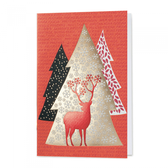 Rote Weihnachtskarten "Hirsch" mit eleganter Gold- und Rotfolienprägung