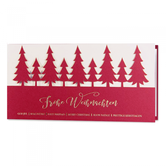 Rote Weihnachtskarten mit ausgefallener Tannenbaum-Formstanzung & edler Goldfolienprägung