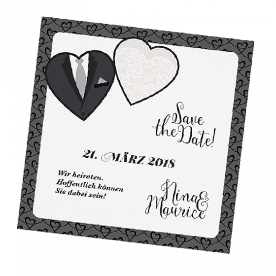 Save the Date Karte "Brautpaar" aus herrlich schimmerndem Metallickarton mit ausgefallenem Design