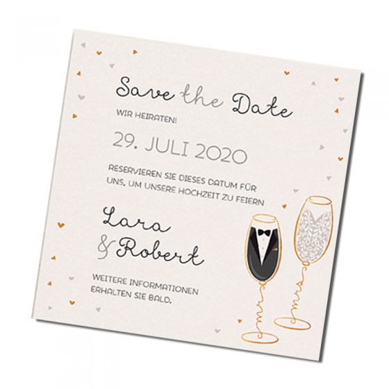 Save-the-date "Champagner" aus schimmerndem Metallickarton