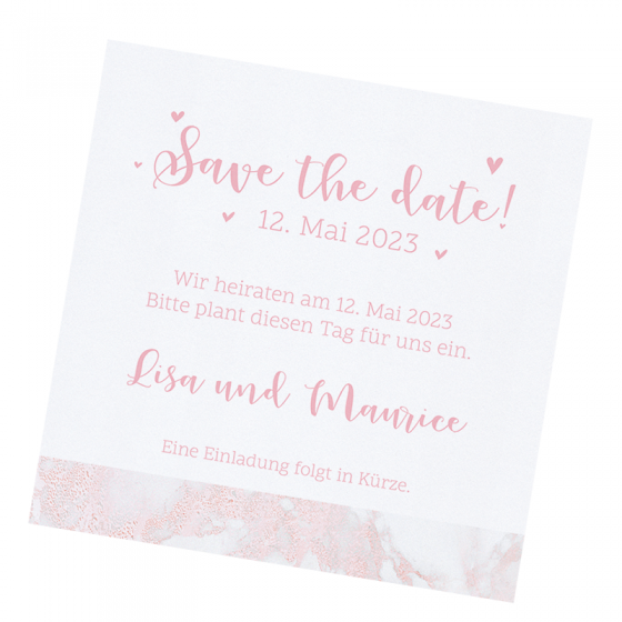 Save the Date Karten "Rosa Marmor" auf weißem Metallickarton