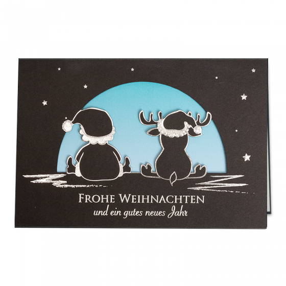 Schwarze Weihnachtskarten im fröhlichen Design mit edler Silberfolienprägung