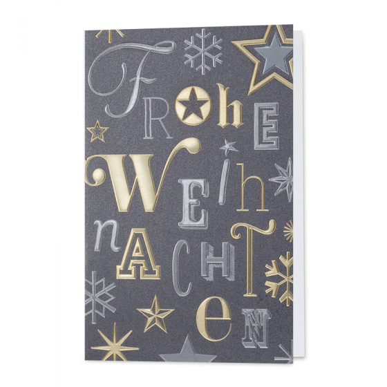 Silbergraue Weihnachtskarten mit tanzenden Buchstaben und Sternen in Gold- und Silberfolienprägung