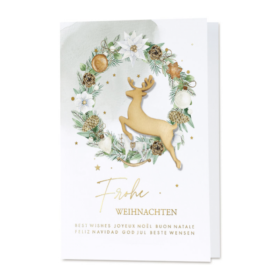 Stilvolle Weihnachtskarten mit edler Goldfolienprägung & hübscher Holzapplikation.