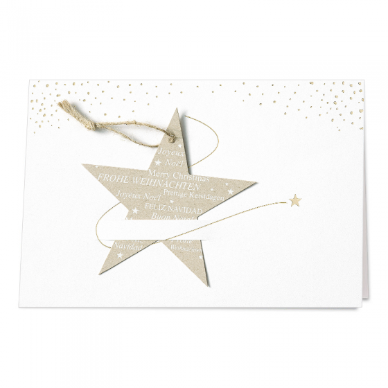 Weihnachtskarten "Sterne" mit Akzenten in Goldfolienprägung und extravaganter Sternen-Applikation mit internationalen Weihnachtswünschen zum Aufhängen
