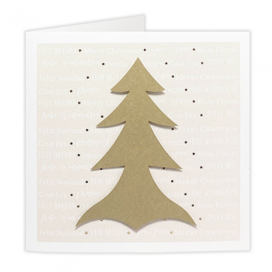 Zeitlose Weihnachtskarten in extravagantem quadratischen Format mit internationalen Weihnachtswünschen, Sternen in glänzender Goldfolienprägung und trendiger Tannenbaum-Applikation